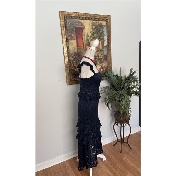 Women's CITY STUDIO 3 Tiers 5 Blue Lace Tea Length Stretch Cocktail Party Dress - Picture 4 of 12